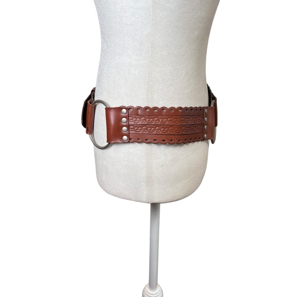 Brown Tooled Leather Wide Statement Belt Rings Boho Waist Festival Women’s Sz S - Picture 3 of 11